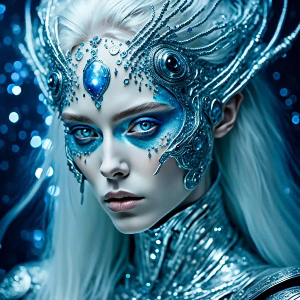 Striking Alien Cyborg Portrait with Blue Hair