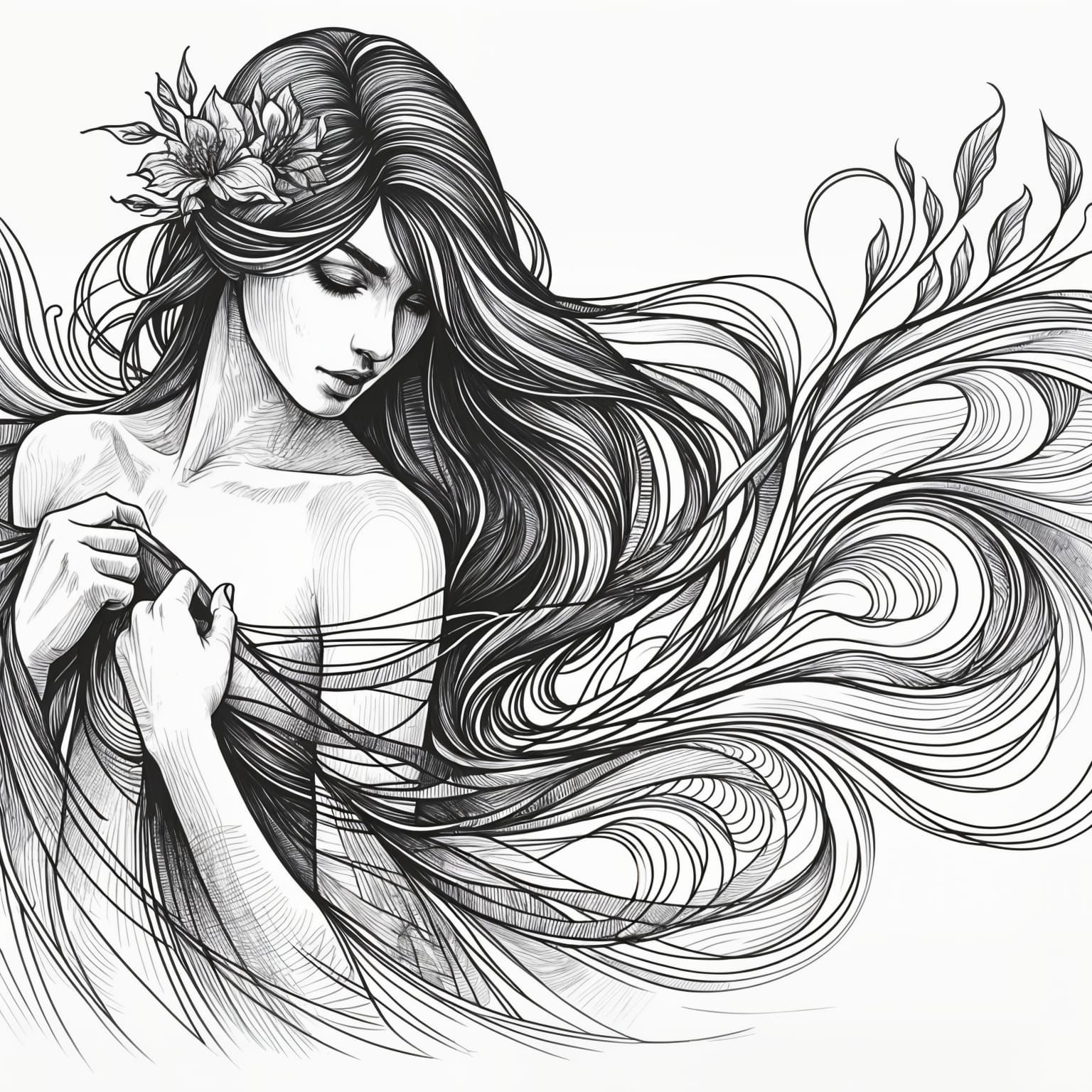Elegant Line Art of a Gentle Lady