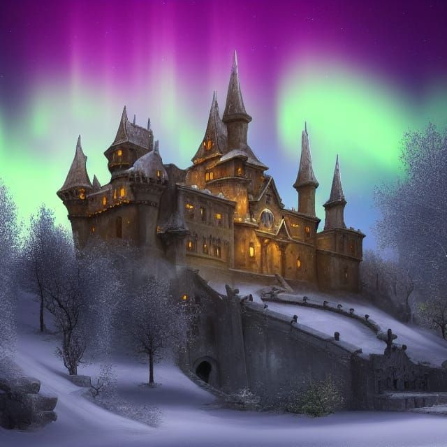 Baroque Castle Under Aurora Borealis