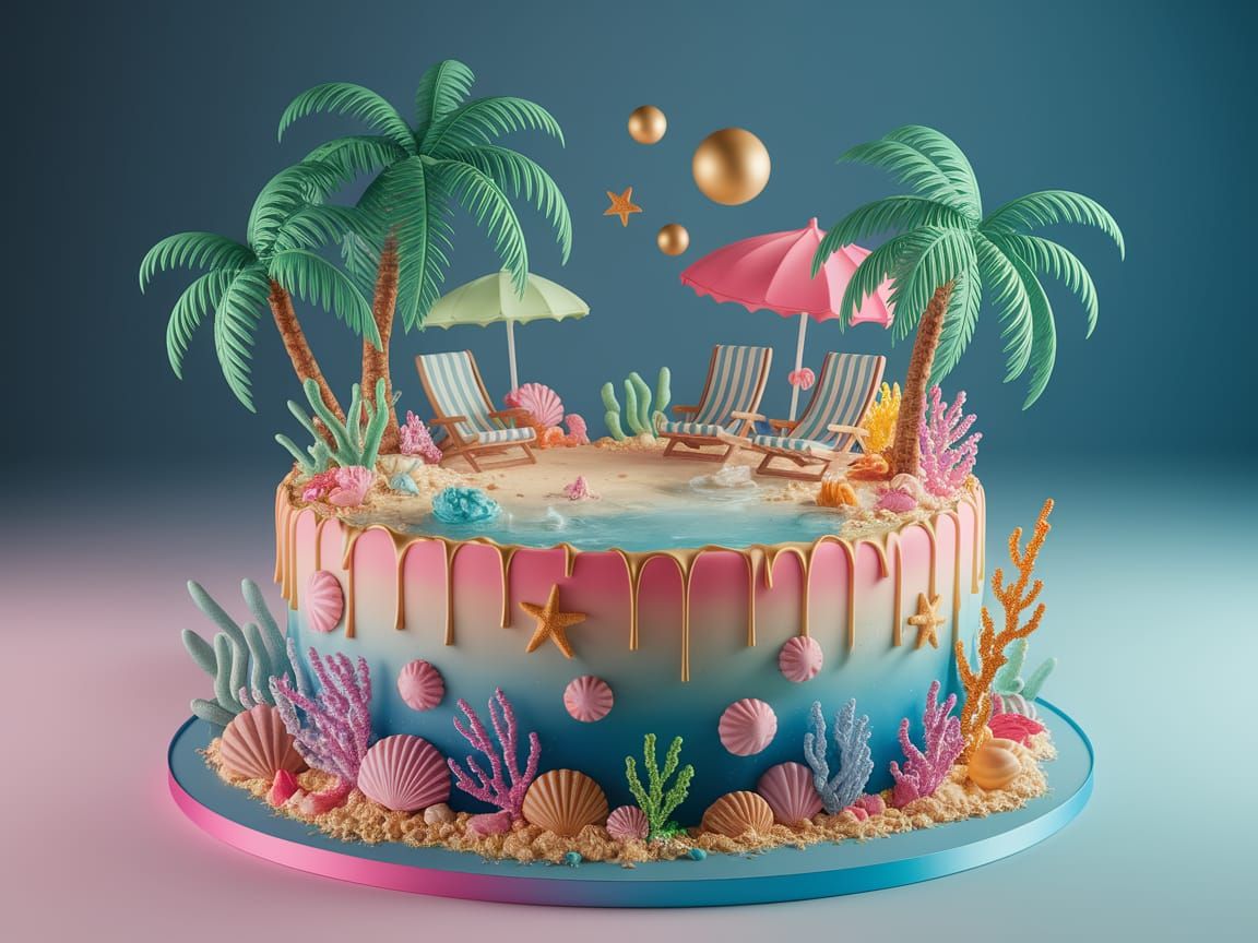 Vibrant Beach Cake with Tropical Elements