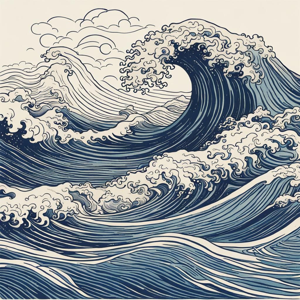 Japanese Wave Line Art in Van Gogh Style