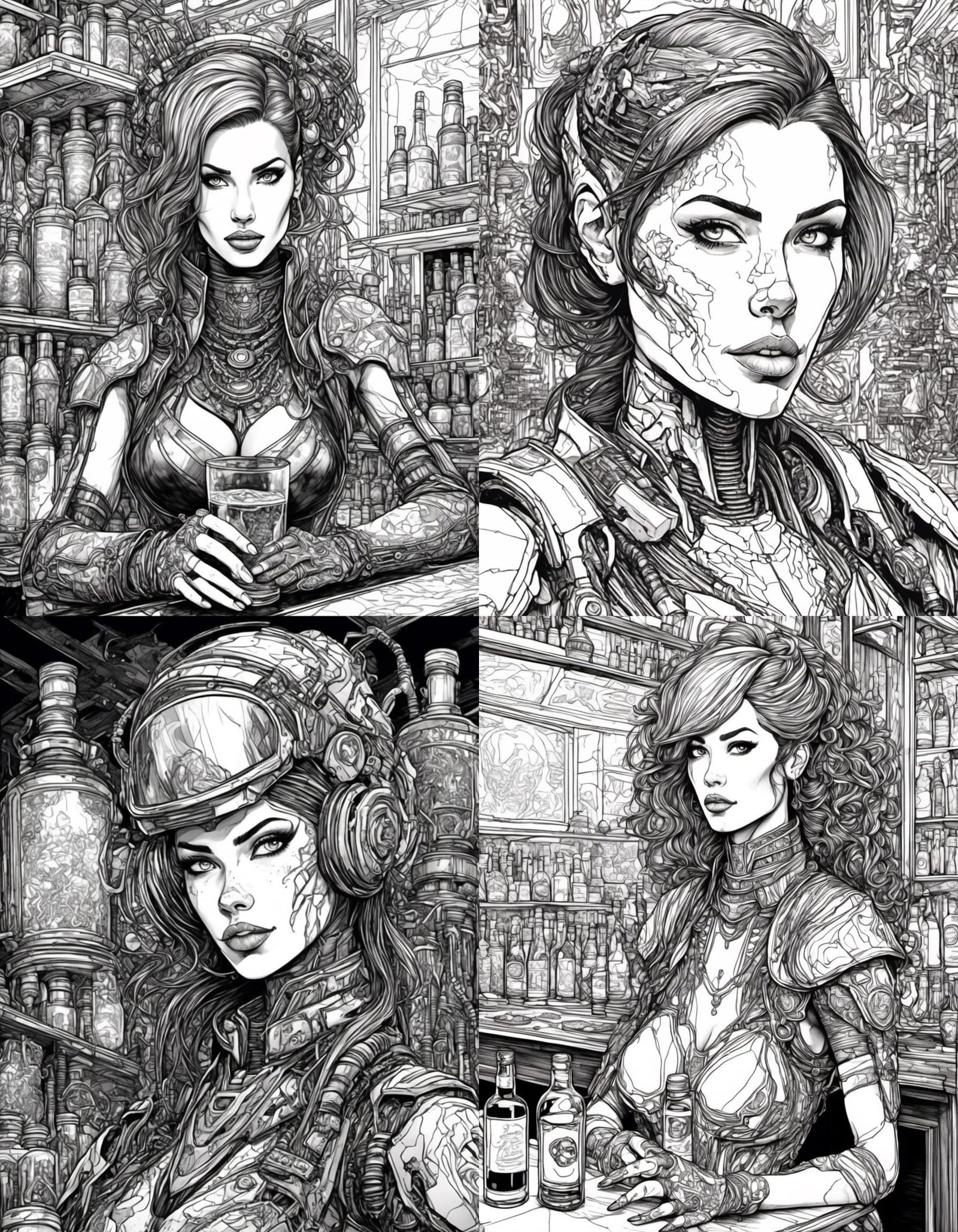 Cyborg Bartender Portrait in Vibrant Ink Drawing