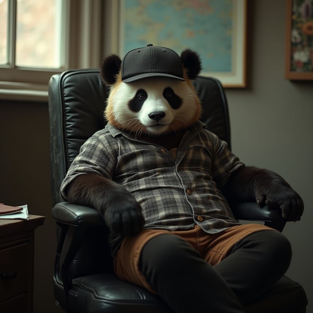 Hyperrealistic Panda in Checkered Shirt Sits in Office Chair