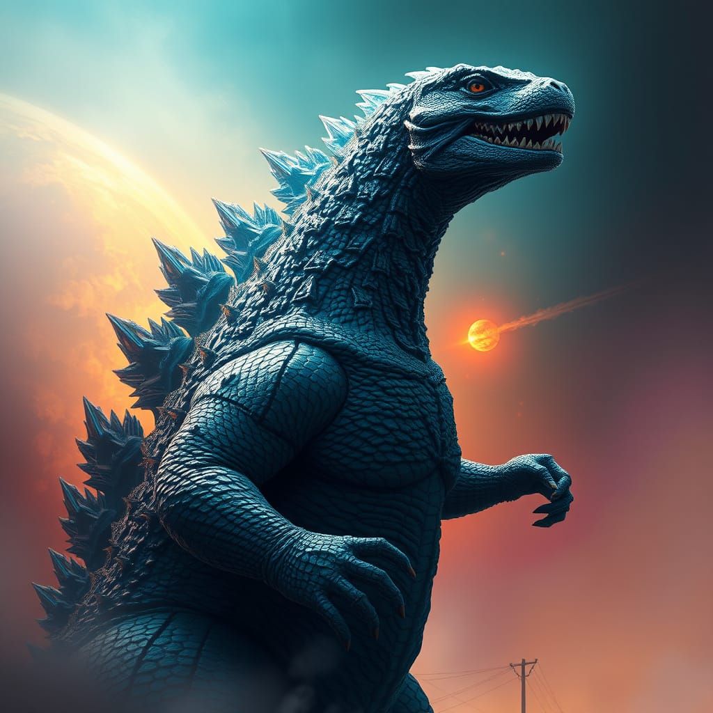 Hyperrealistic Godzilla Portrait in Atmospheric Style