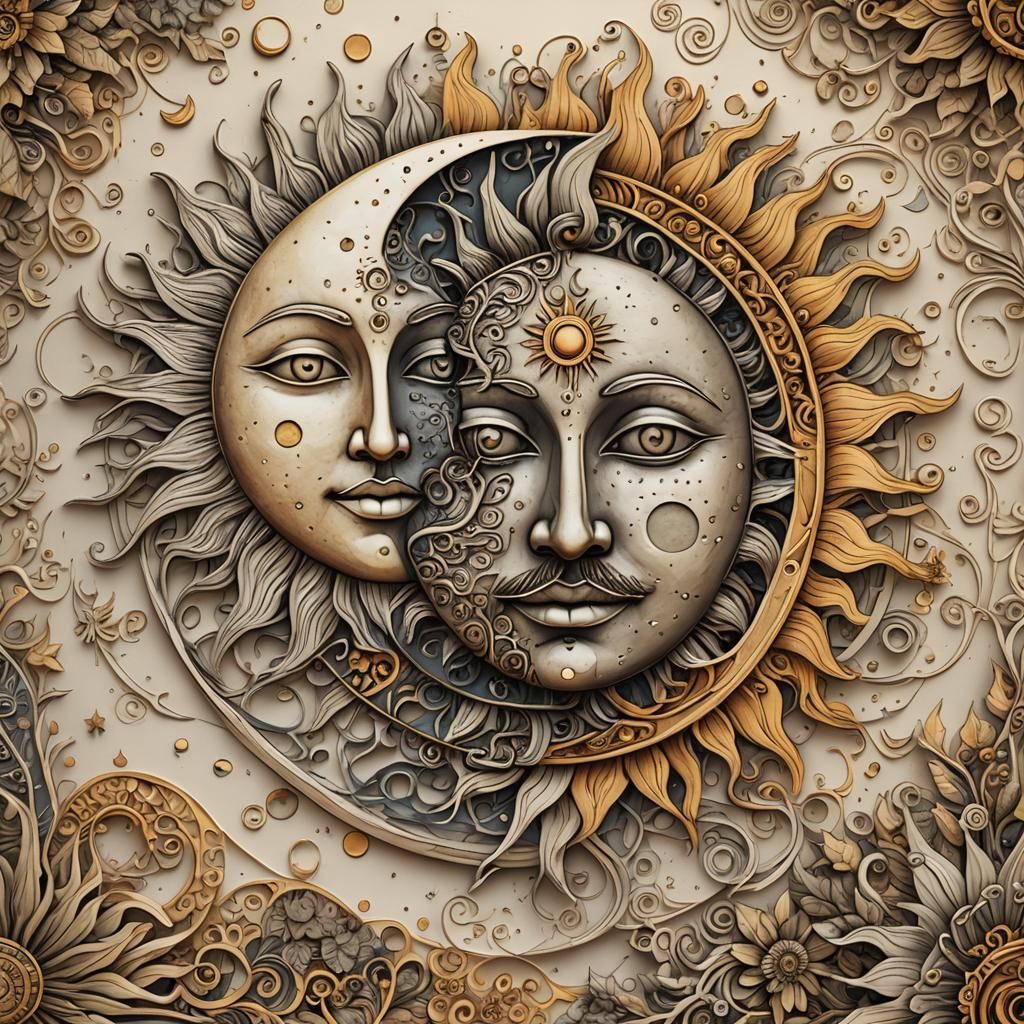 Happy Sun and Sad Moon in Outline Graphic