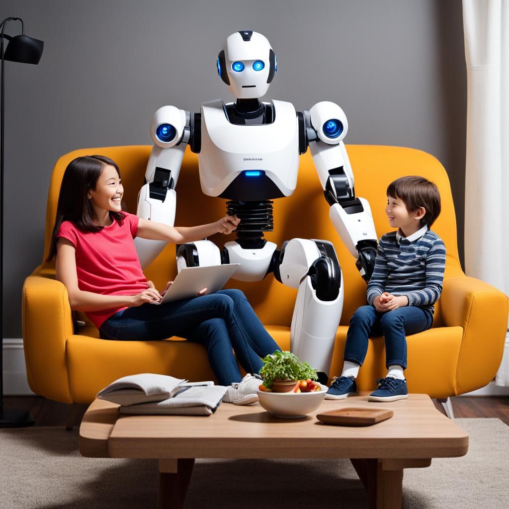 Family Relaxing With Robot Helper