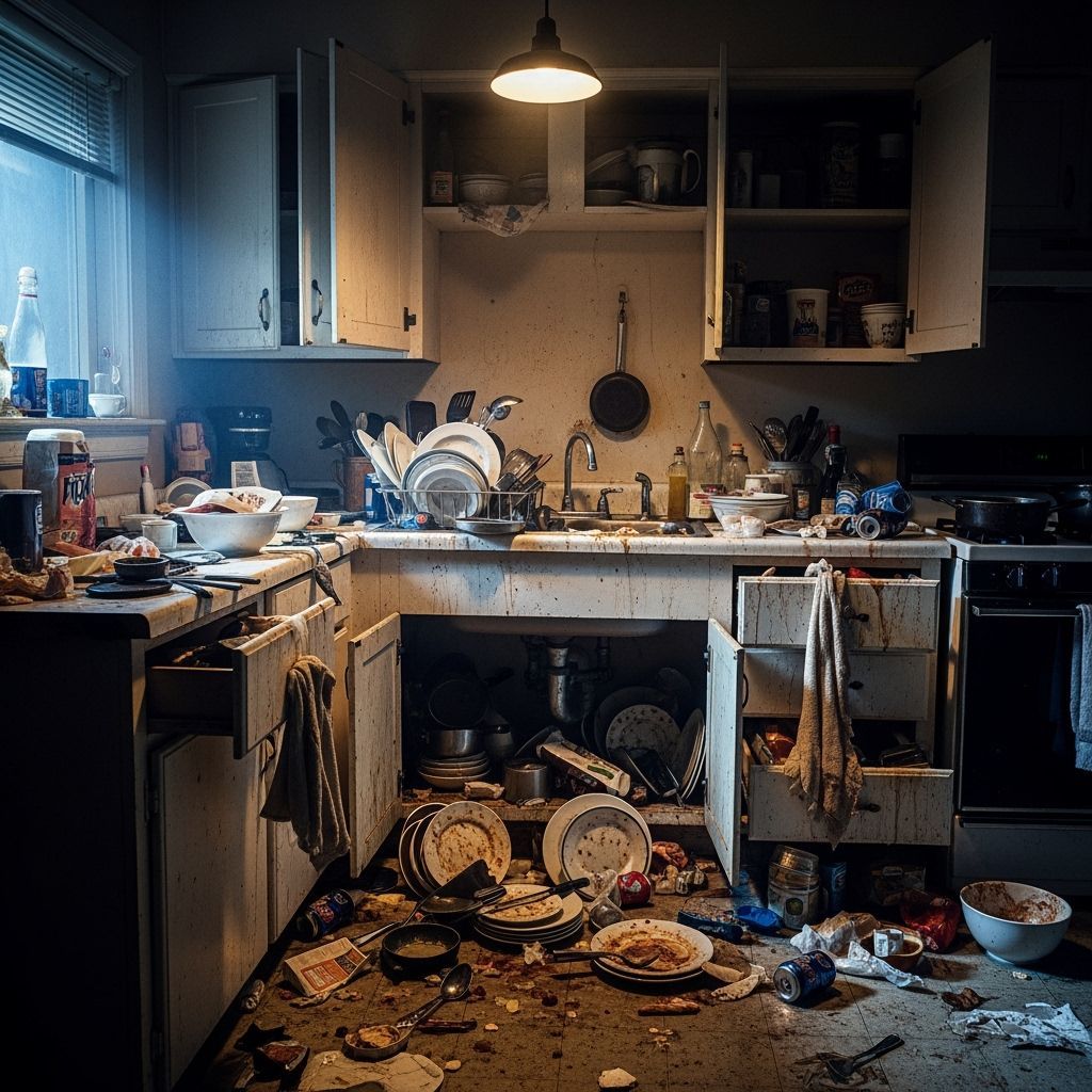 Hyperrealistic Cluttered Kitchen with Overturned Cabinets