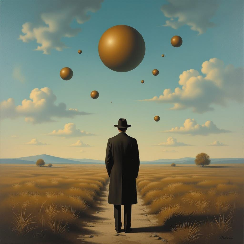 Surreal Oil Painting of Lone Figure in Ambiguous Landscape