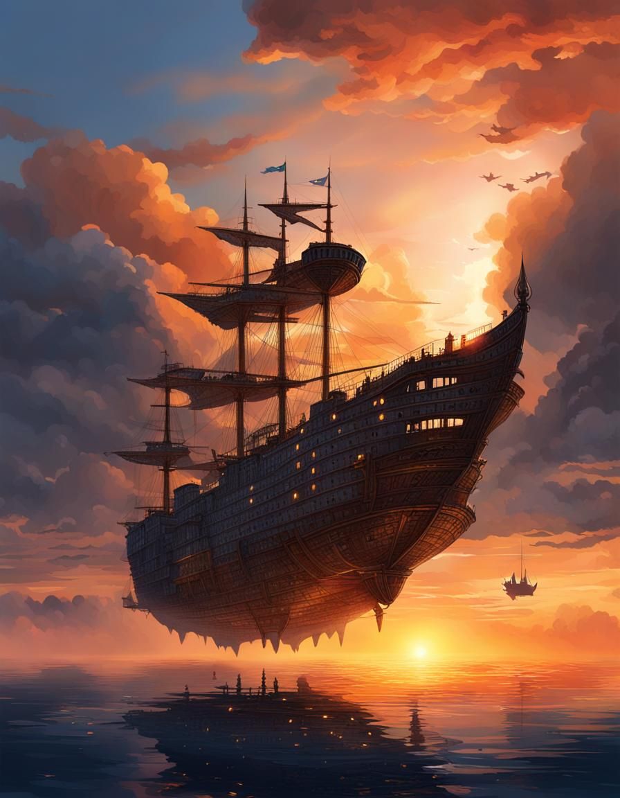 Fantasy Airship Silhouetted at Sunset