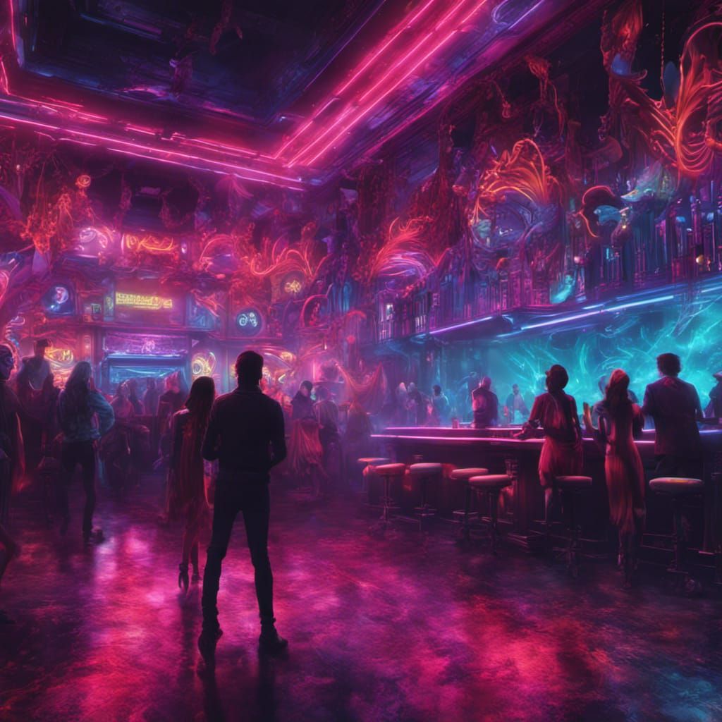 Neon Nightclub Scene with Dancing People