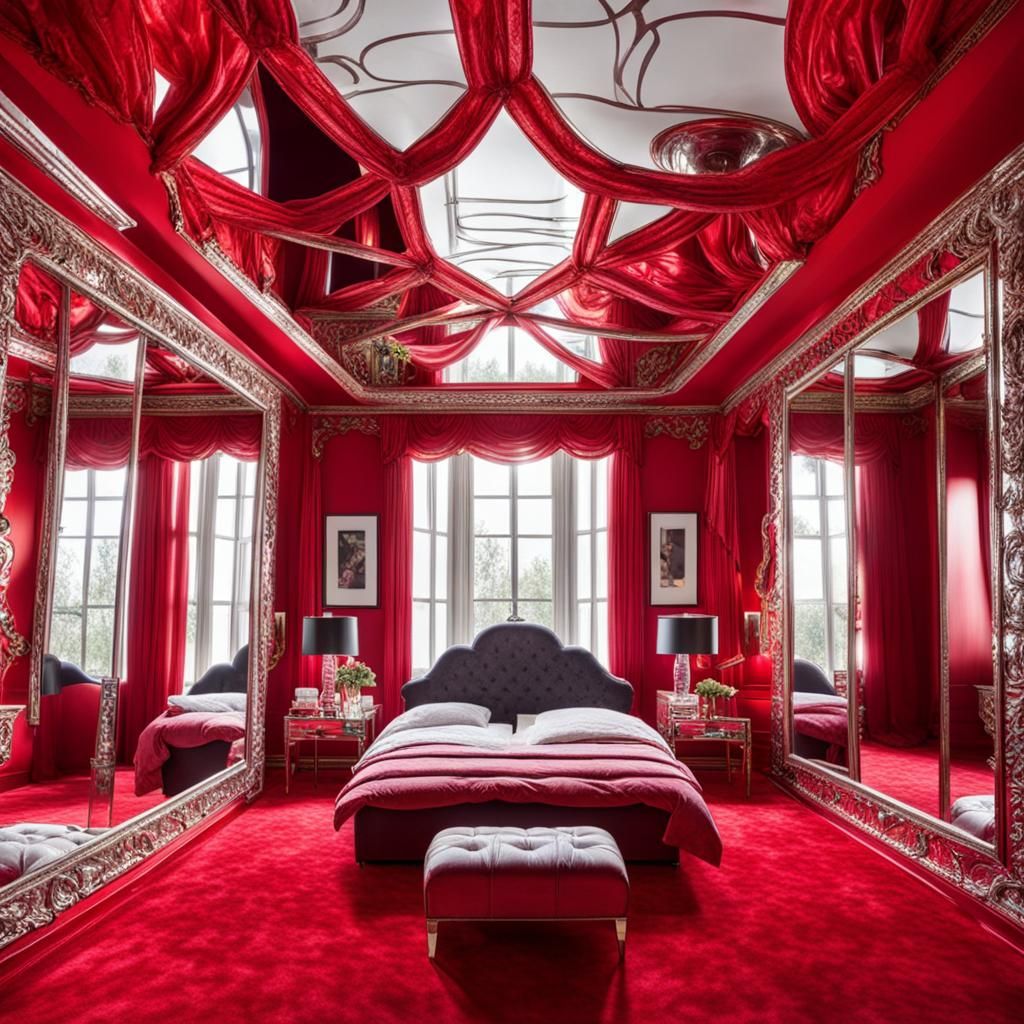 Surreal Red Boudoir with Mirrored Ceiling