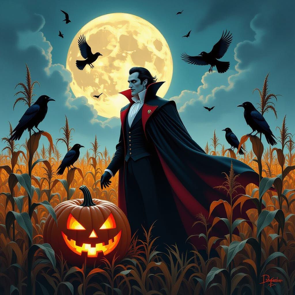 Dracula Double Exposure in Moonlit Cornfield with Crows