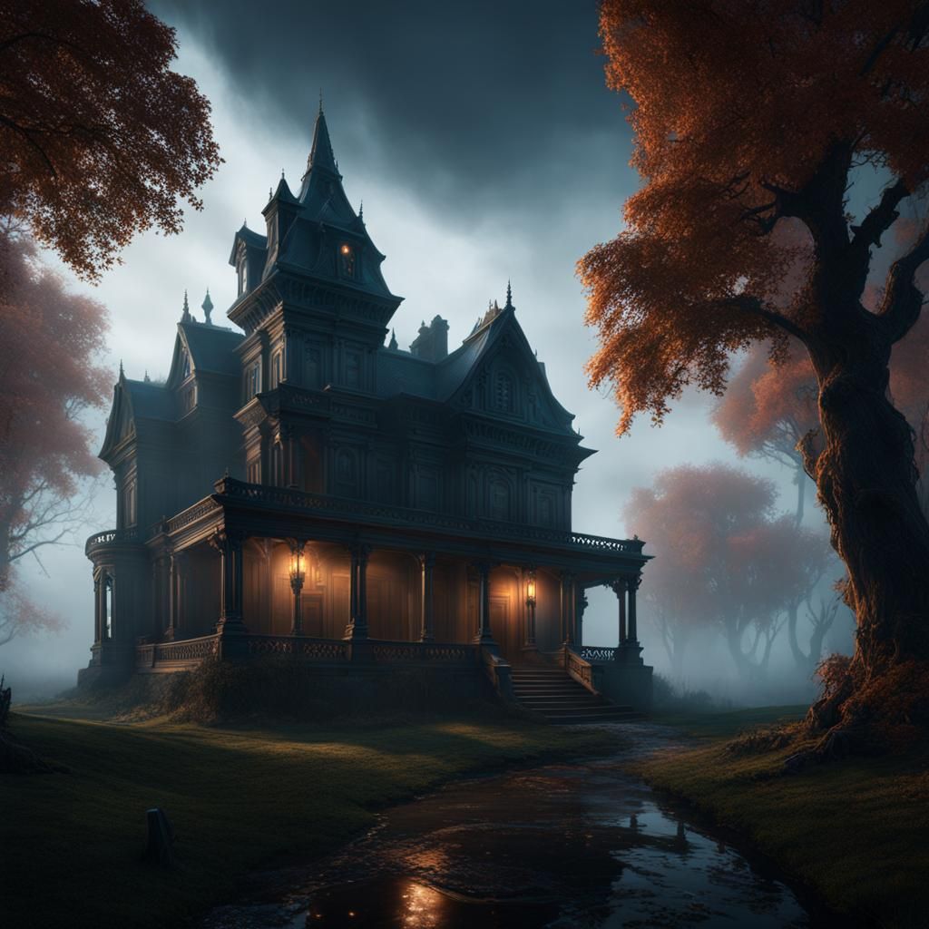 Eerie Haunted Manor in Mist: A Matte Painting
