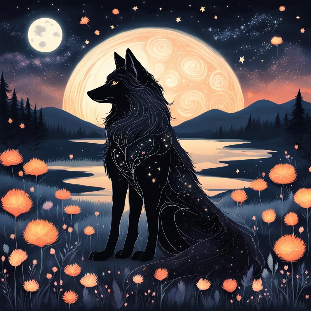 Ethereal Night Wolf in Moonlit Landscape