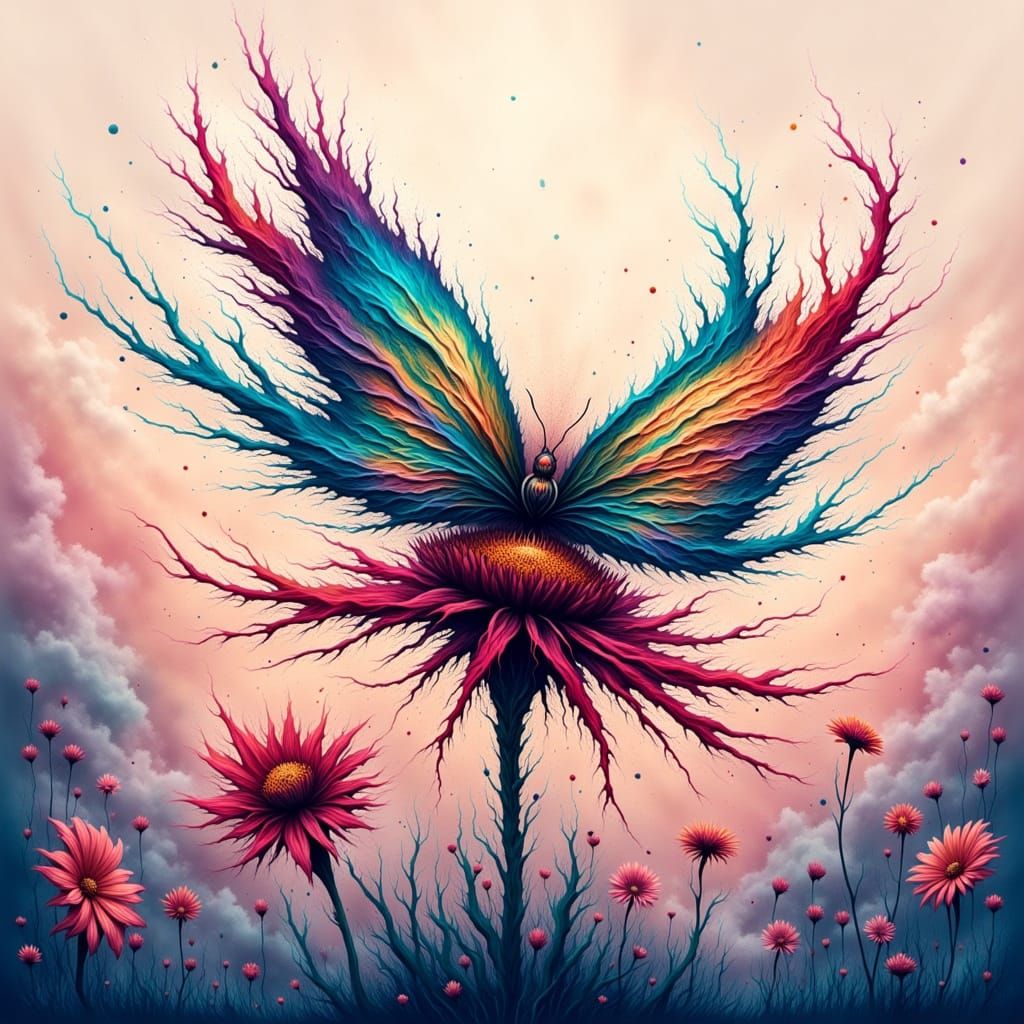 Whimsical Cartoon Butterfly on Rainbow Flower in Vibrant Col...