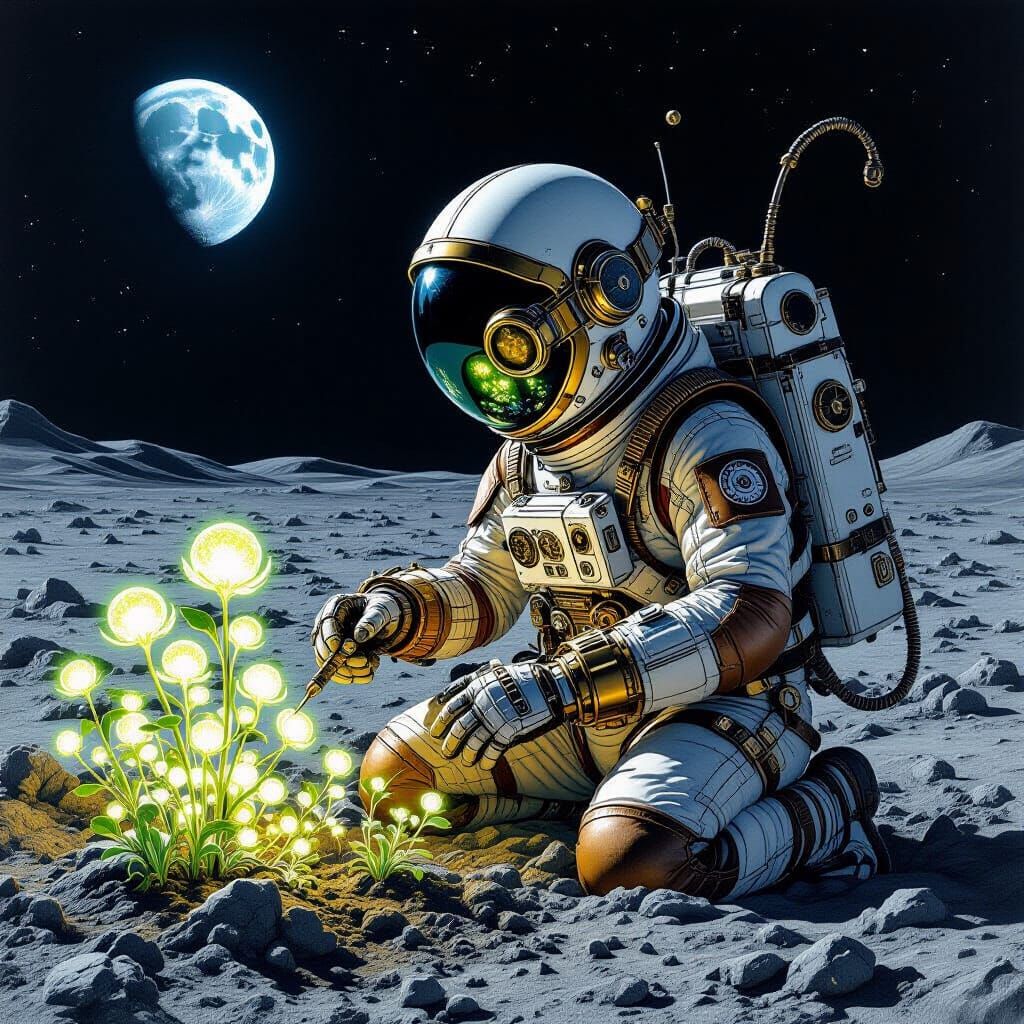Steampunk Astronaut Tends Alien Garden on Moon