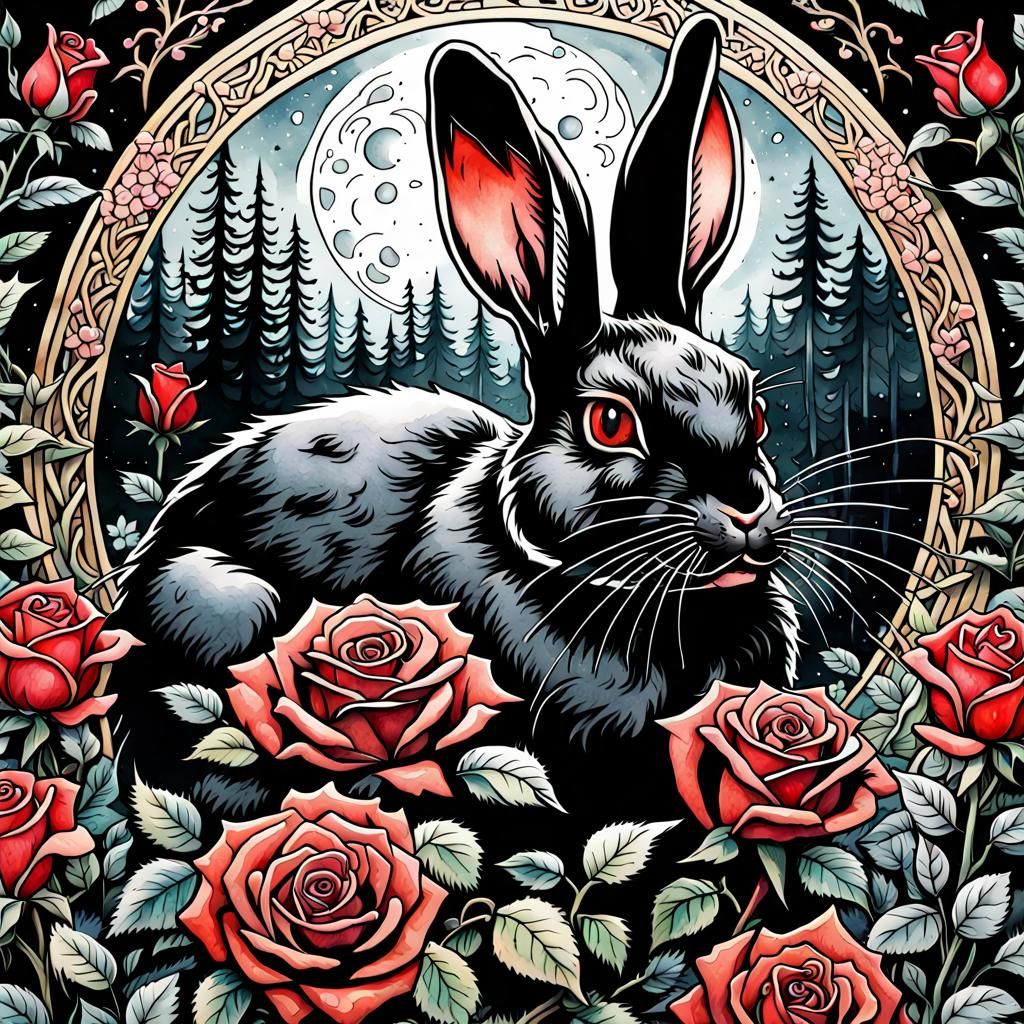 Black Rabbit Surrounded by Red Roses Watercolor Illustration