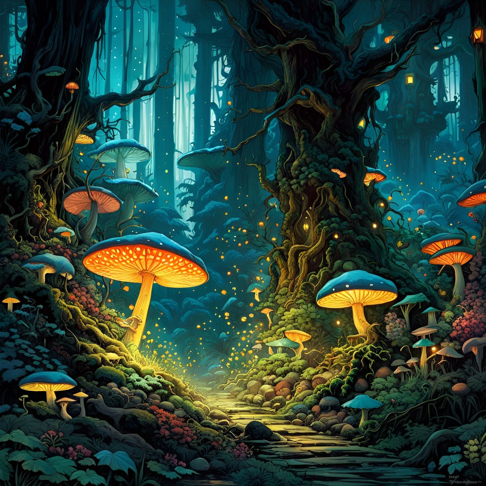 Enchanted Forest with Glowing Mushrooms by Kim Jung Gi