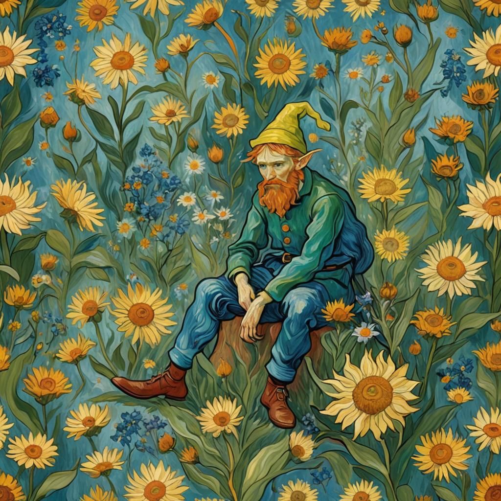 Elf Sitting on Flower in Post-Impressionist Style