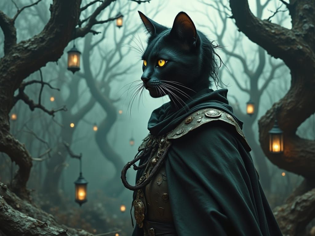 Feline Warrior in Victorian-Era Nightmare Landscape