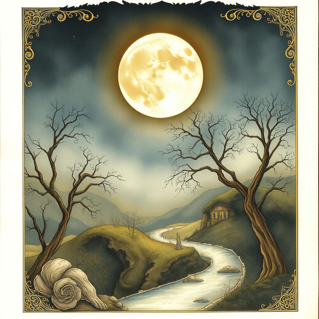 Mystical Ancient Watercolor Manuscript Under Moonlight