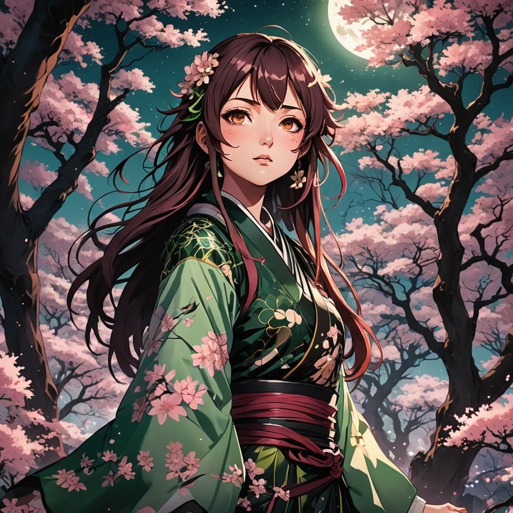 Heroic Anime Girl in Dark Cherry Blossom Landscape