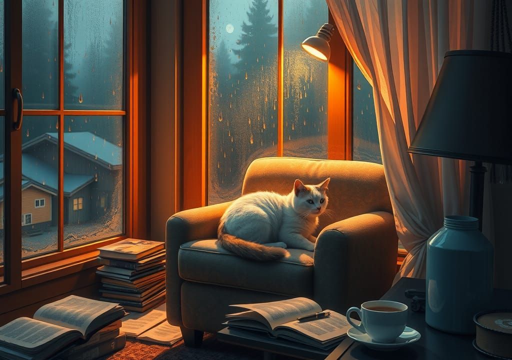 Cozy Rainy Night Nook with Cat, Digital Painting