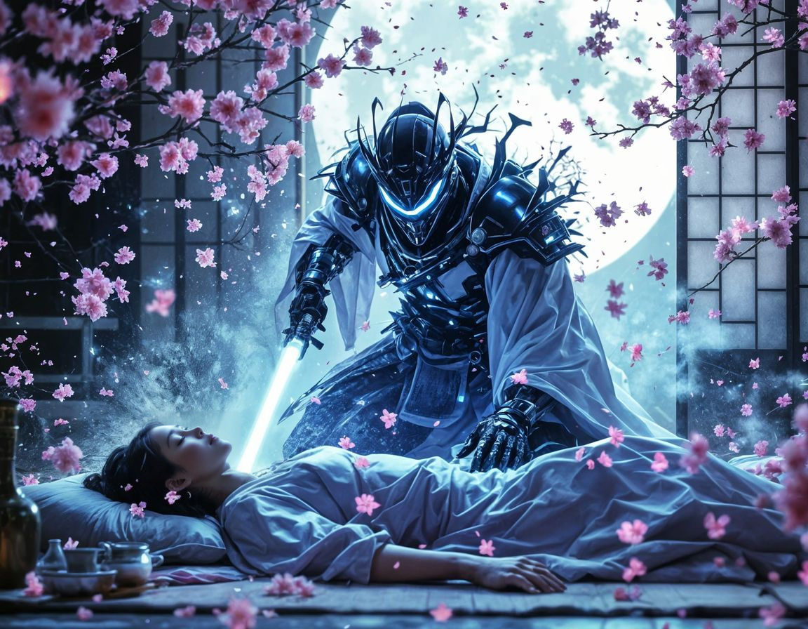 Cyber Samurai Disrupts Tranquil Home in Cyberpunk Style