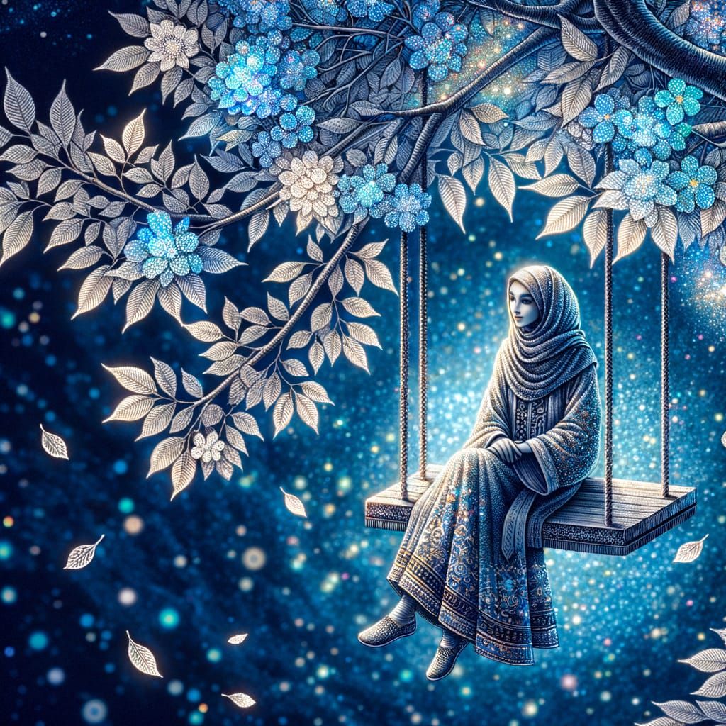 Enchanted Blue Tree with Woman on Swing