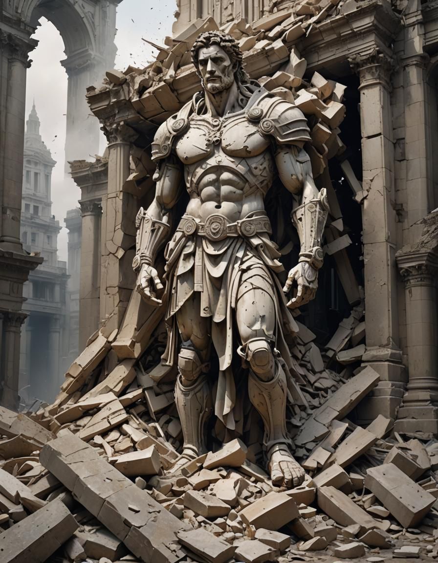 Crumbled Colossus: Hyperdetailed Statue Ruins in Splash Art