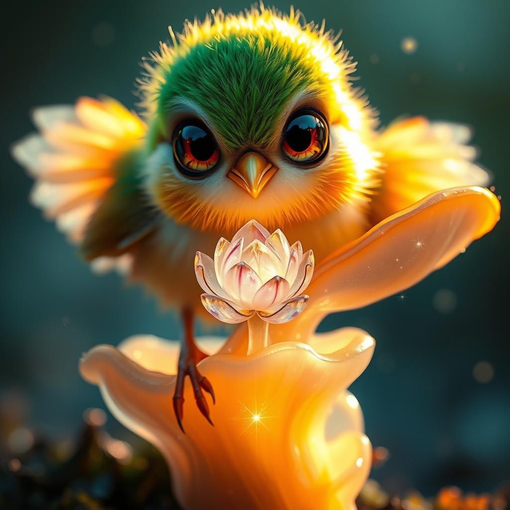 Moss Bird on Crystal Mushroom with Peony