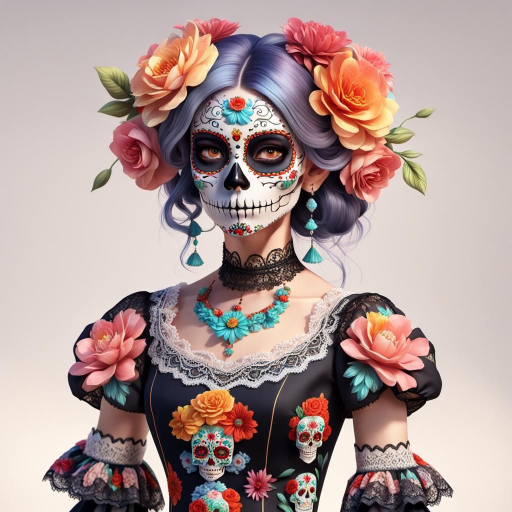 Elegant Día de los Muertos Anime Woman in 3D