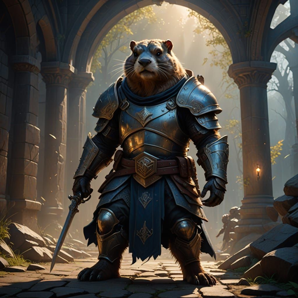 Cute Groundhog Warrior Battles Shadow in Dramatic Chiaroscur...