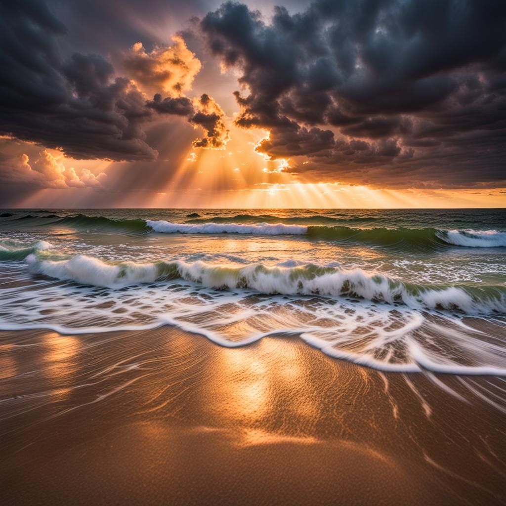 Sunrise Over Stormy Beach: Seascape Photography