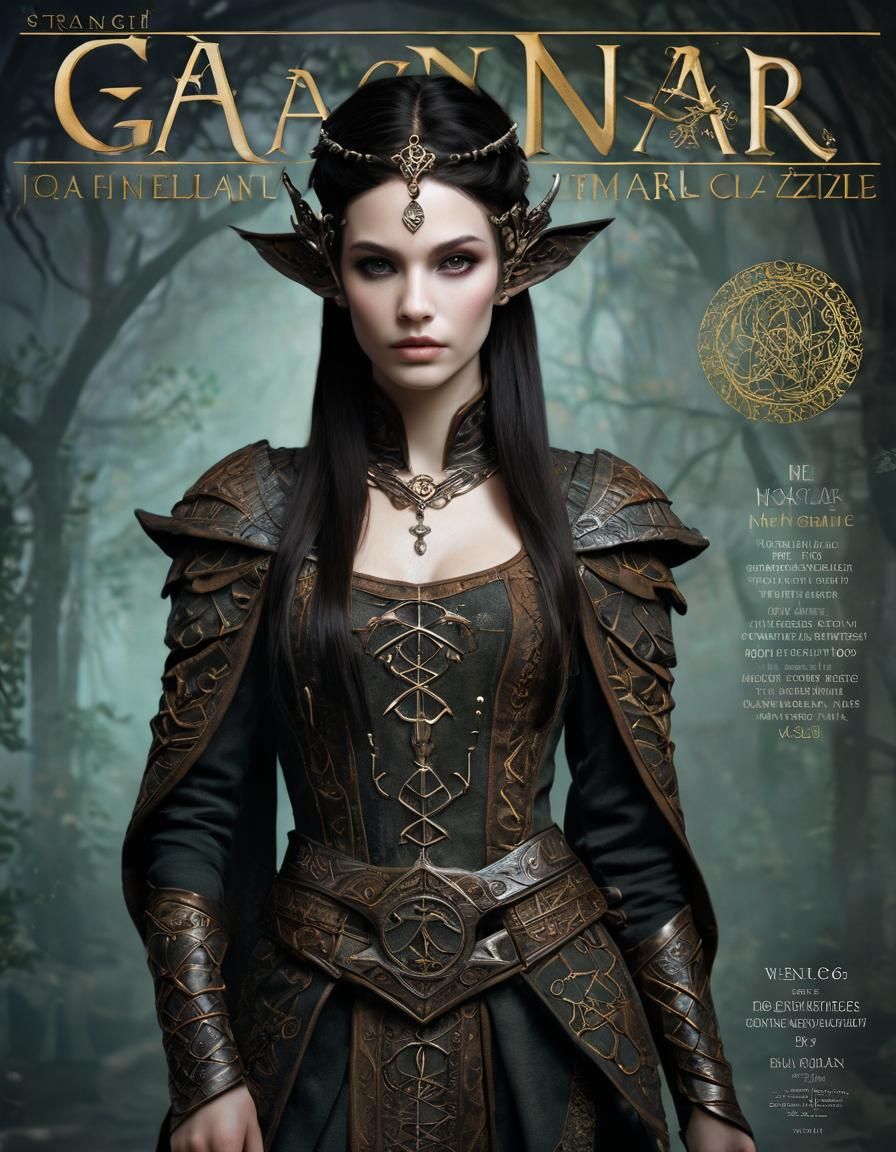 Elvish Glamour Magazine Cover with Runic Inscriptions