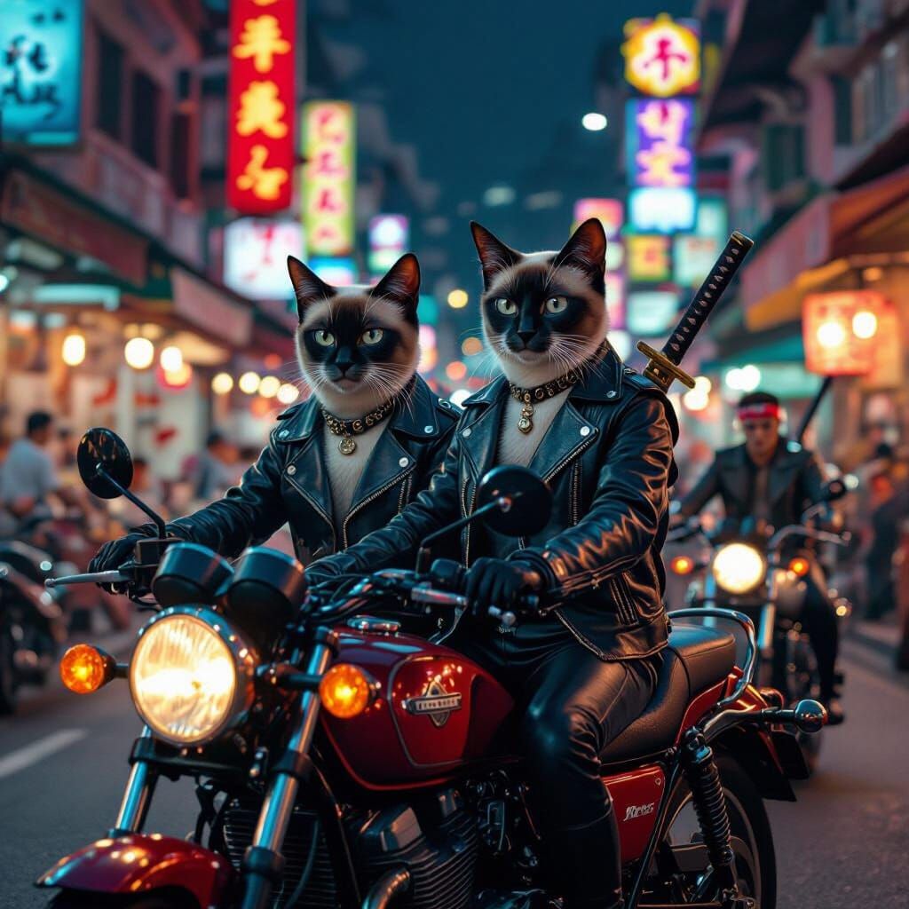 Siamese Cats Motorcycle Gang in Singapore at Night