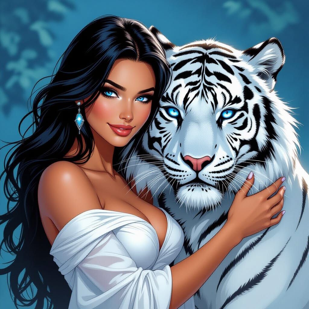Woman with White Tiger in Comic Book Style