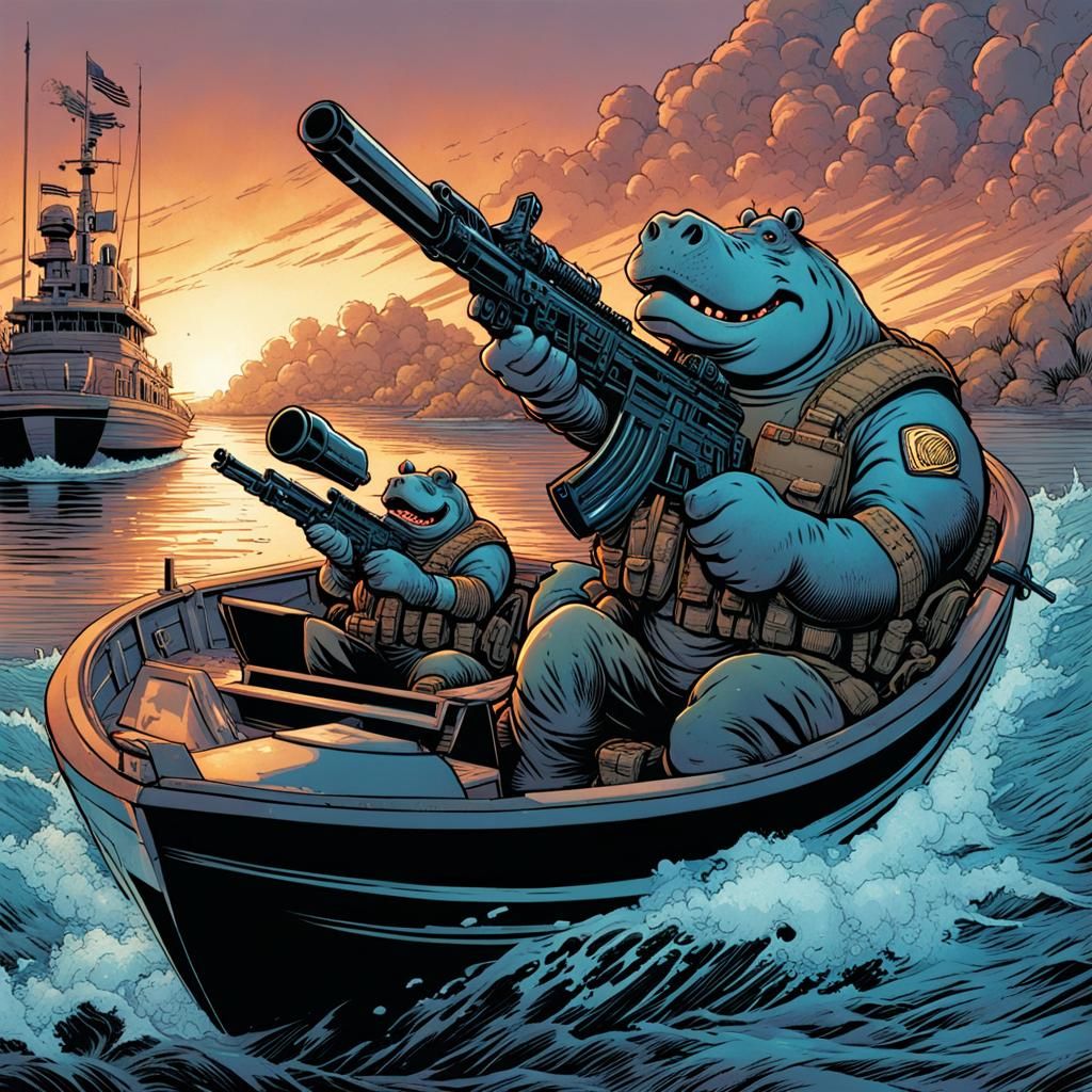 Hippo with Machine Gun in Comic Book Style
