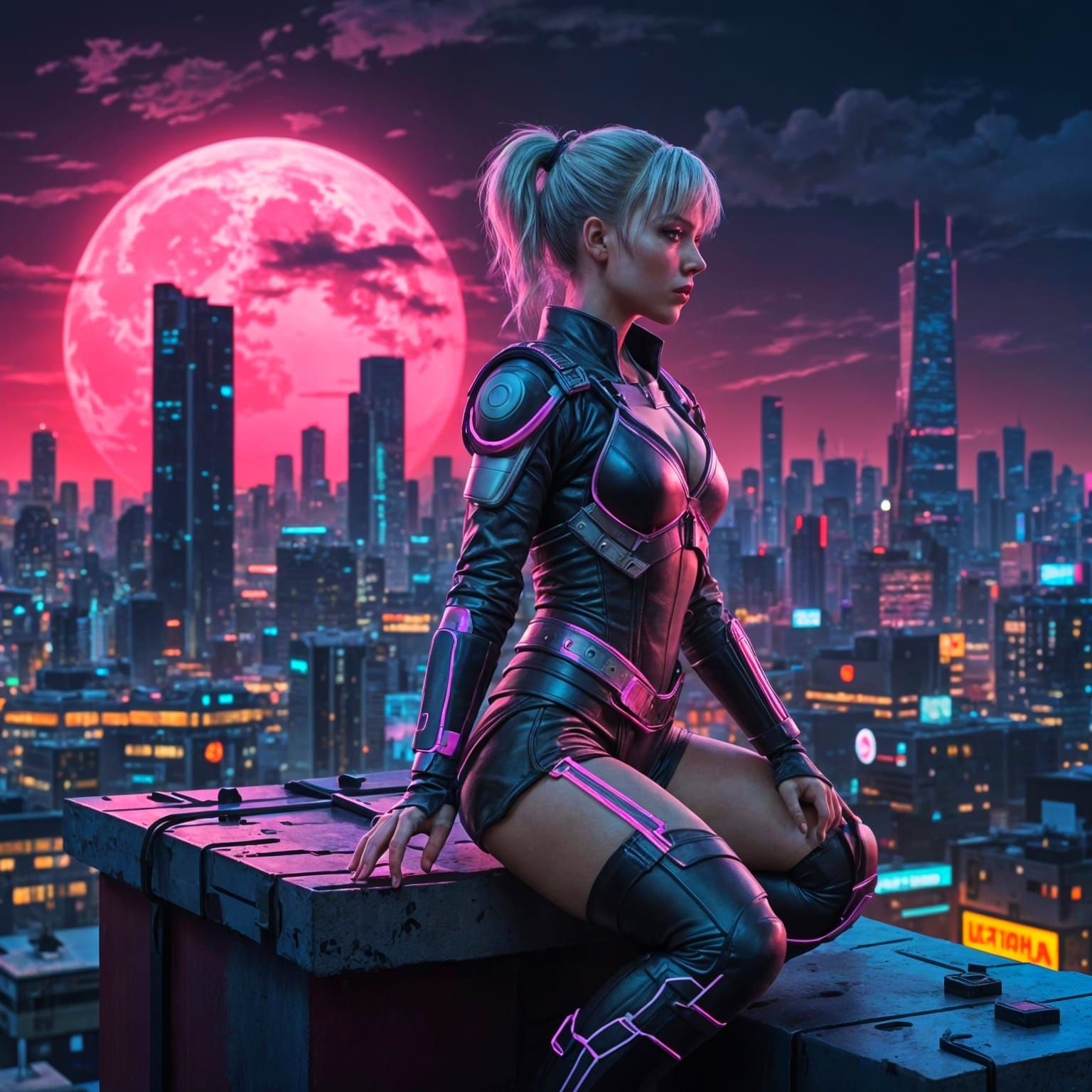 Cyberpunk Princess Martial Arts on Rooftop