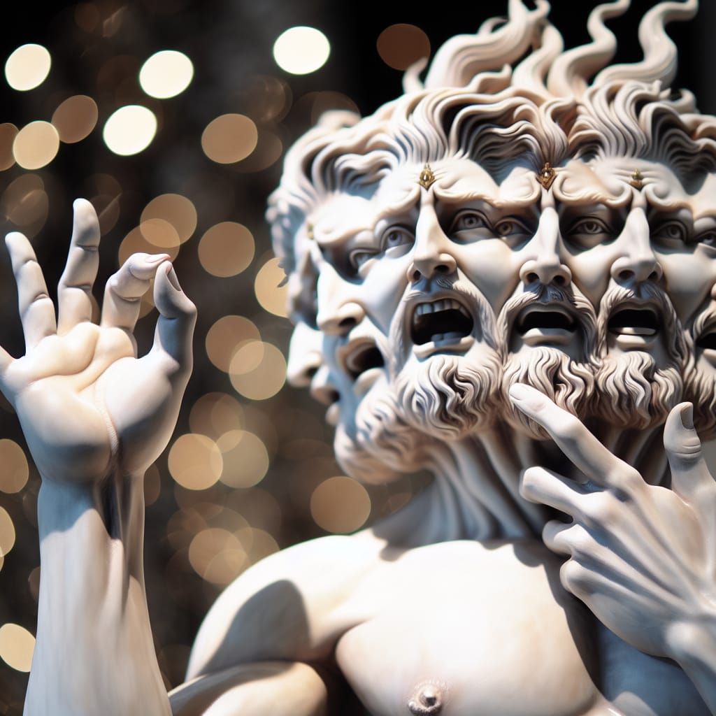 Six-Faced Figure Displays Emotions in Dramatic Portrait