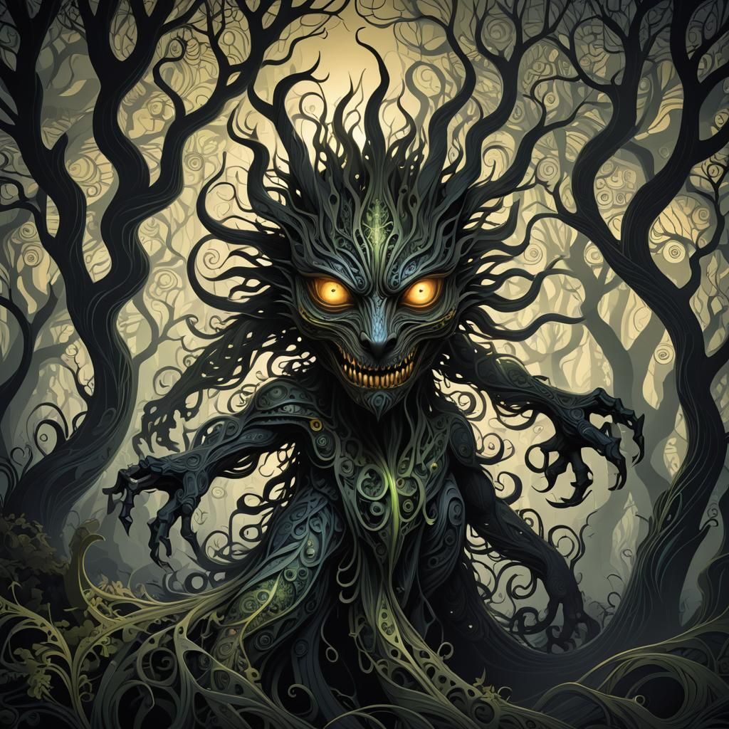 Shadow Creature in Ancient Forest with Abstract Fractals