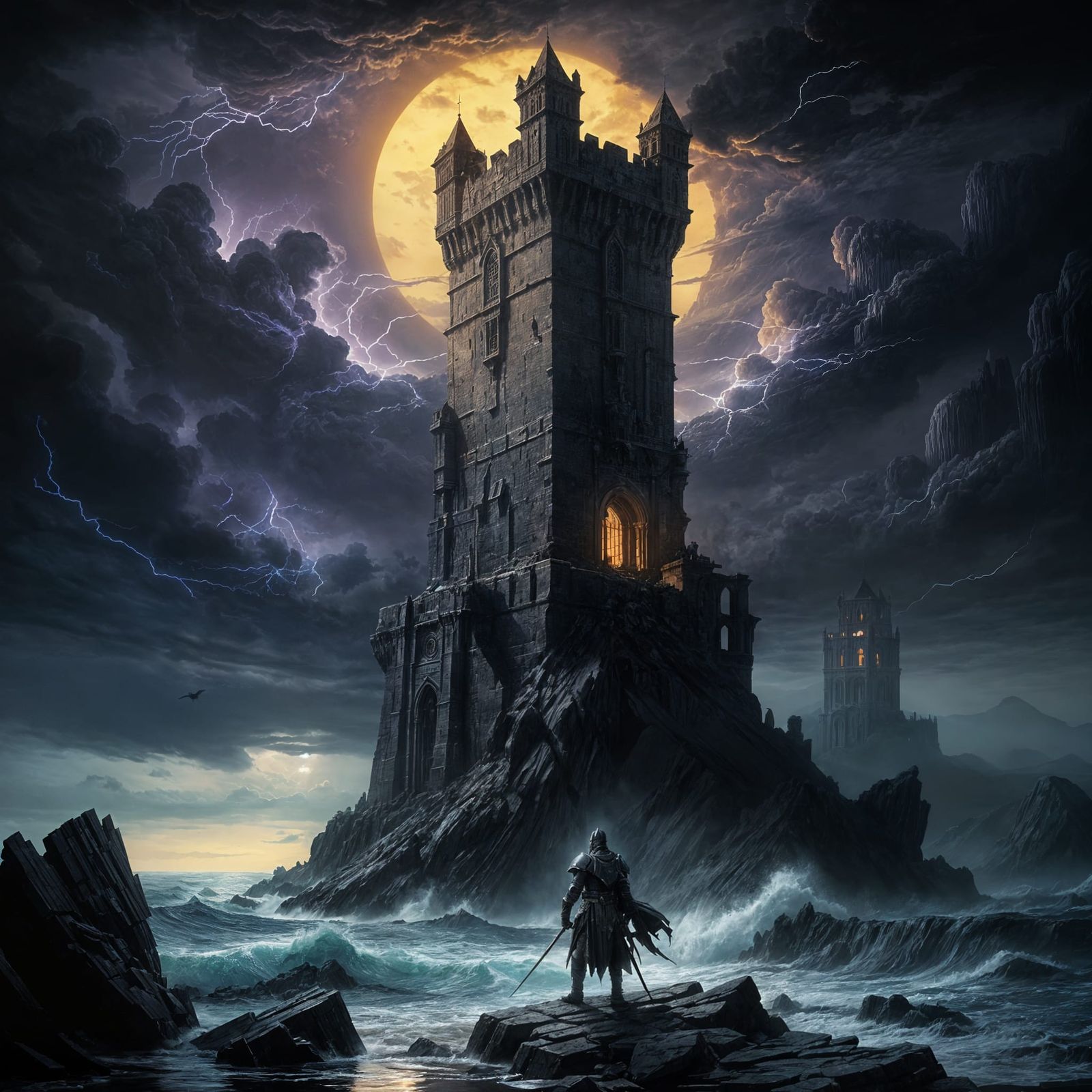 Spectral Knight Guards Obsidian Tower in Stormy Dark Fantasy