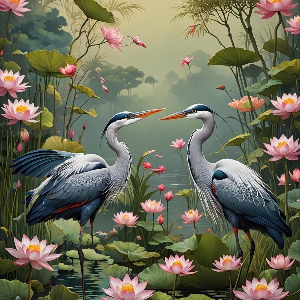 Herons in Lotus Pond