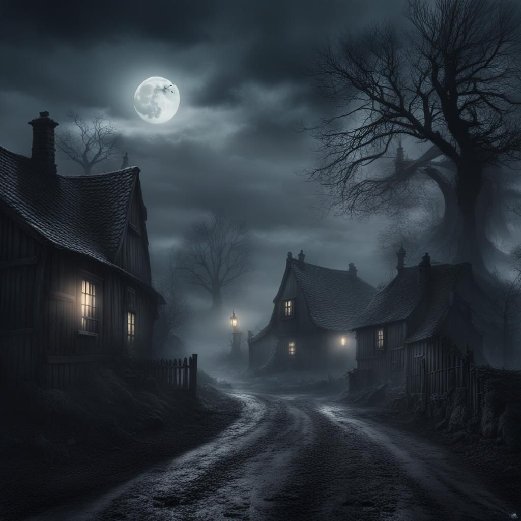 Spooky Haunted Village Under a Full Moon