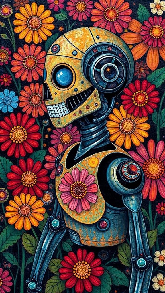 Bioluminescent Mosaic: Zinnias, Robot, Geometric Patterns