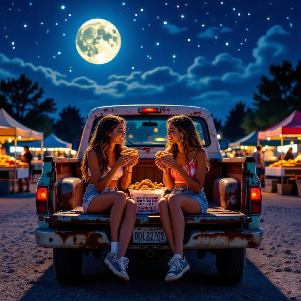 Teenagers Eat Carnitas in Rusted Truck Under Full Moon