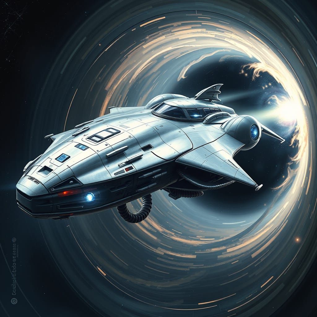 Silver Spaceship Flies Through Stargate in Sci-Fi Aesthetic