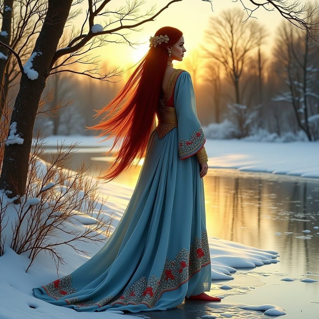 Siberian Princess in Slavic Regalia at Dawn