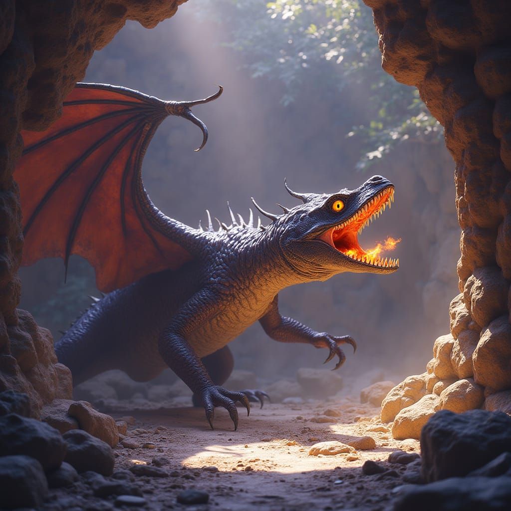 Basilisk vs Wyvern in Cave, Dark Fantasy Art