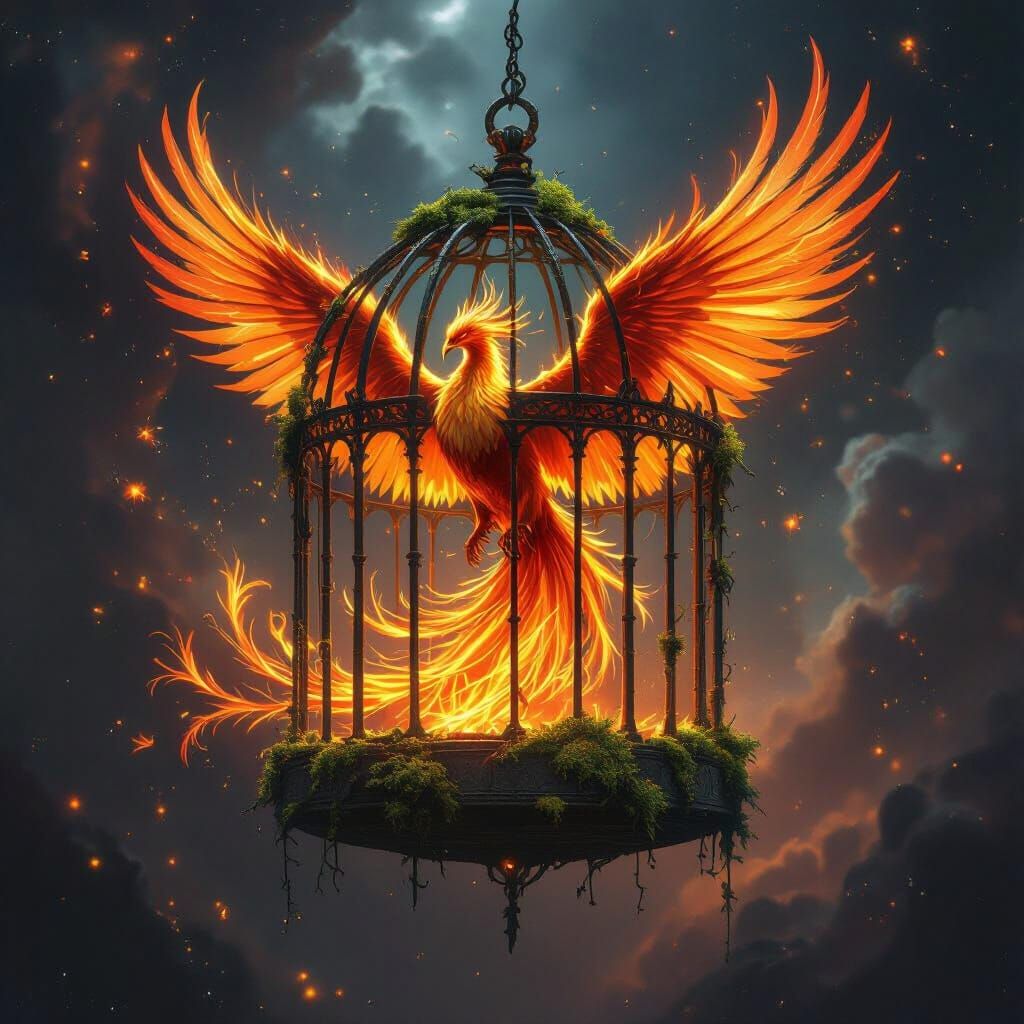 Phoenix in Cosmic Cage: Epic Fantasy Concept Art